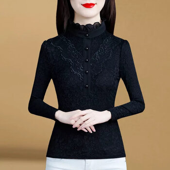 Langwei ferey plus velvet thickened warm half-high collar lace bottoming shirt women's autumn and winter new top black fashionable shirt k388 plus velvet xl 100-110 catties