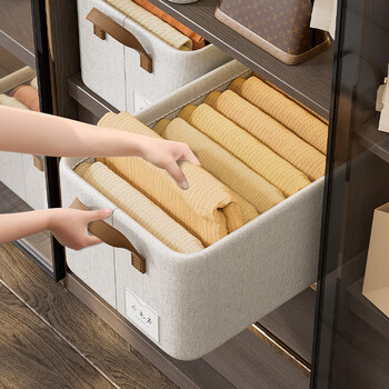 Bonnymeijia clothes storage box tianshan cotton and linen household large-capacity storage box wardrobe foldable pants organizer box sundry basket milk yellow - tianshan cotton and linen washable