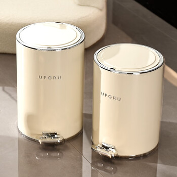 Zunmos light luxury high-value trash can for home living room, high-end bathroom, kitchen storage bucket, large capacity, foot-operated with lid, light luxury style/flat top, silver-edged style 12l