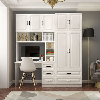 Junsen solid wood wardrobe desk bookcase integrated combination student home computer desk writing desk small apartment desk wardrobe white + white delivery upstairs package installation 1 meter single table