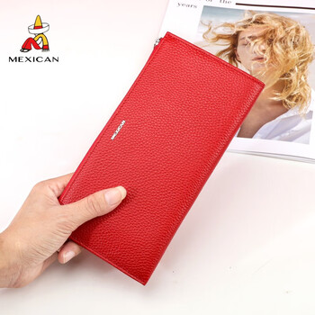 Scarecrow wallet women's 2024 new model cowhide long clutch zipper korean wallet thin women's bag 32728-13 red vertical style