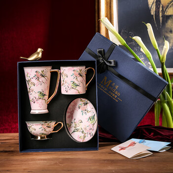 Meidao pink bird bone china coffee cup set ceramic mug large capacity cup gift box birthday gift flower and bird-three piece set-dark blue gift box