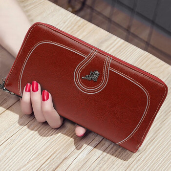 Seefulun genuine leather long wallet women's lucky yellow 2026 new pure cowhide zipper wallet hand bag to hold mobile phone wallet burgundy
