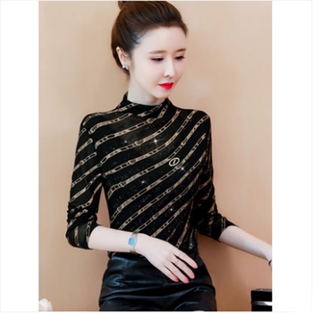 Wmoknn striped t-shirt women's spring and autumn half-turtle collar mesh slim top western style slim plush velvet thickened bottoming shirt women's autumn and winter black (thin section) 2xl (125-135 jin)