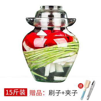 Full table kimchi jar glass thickened household kimchi jar sichuan kimchi jar pickled sauerkraut jar large transparent sealed jar 15 catties (brush + clip)