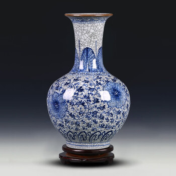 Loyo jingdezhen ceramics blue and white porcelain vase ornaments antique chinese style home living room flower arrangement desktop entrance crafts antique blue and white twining lotus crack appreciation vase-small