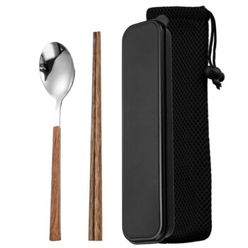 Meng kuan chopsticks and spoon set, one person, one chopstick, portable tableware, student storage box, fork, single wooden chopsticks, three-piece set, silver spoon + wooden handle square chopsticks, black box + storage bag