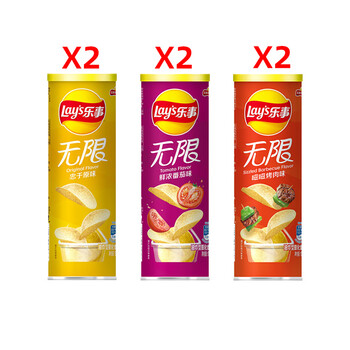 Lay's (lay's) unlimited potato chips 104g large can lime original lay's potato chips factory puffed casual whole box food snacks 6 cans original flavor 2+tomato flavor 2+barbeque flavor 2(g