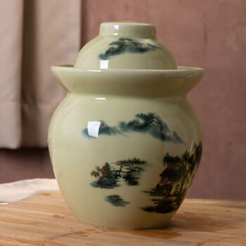 Jin rui ming porcelain jingdezhen ceramic pickle jar pickle jar sealed storage jar sichuan pickle double cover pickle jar large landscape pickle jar (20 catties of water)