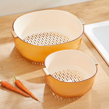Onlycook household double-layer vegetable sink drain basin kitchen drain basket vegetable basket drain basket plastic basin transparent yellow small + large / 1 each