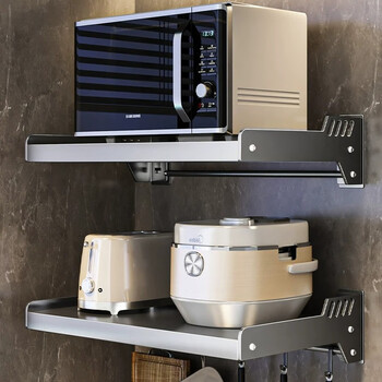 Centennial zhenghe kitchen microwave oven rack wall-mounted storage rack for oven rice cooker multi-functional wall bracket without drilling 49cm - gun gray - with rod and 4 hooks - single layer