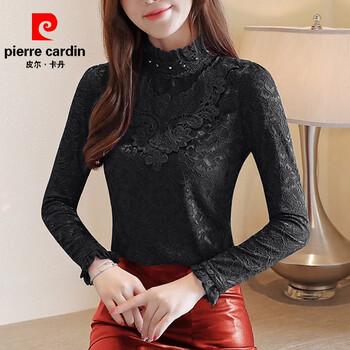 Pierre cardin (pierre cardin) lace bottoming shirt for women spring, autumn and winter 2025 new velvet thickened inner long-sleeved style top black (without velvet) <high-end high-end atmosphere for age reduction xl (105-115 pounds)