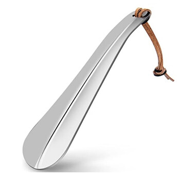 Qiantuan seiko metal stainless steel shoehorn thickened shoehorn extended shoe lift shoe threader 18-30cm 18cm straight style with brown leather cord