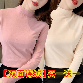 Chong lin's new double-sided german velvet half turtleneck warm base shirt 2025 autumn and winter women's fit versatile long-sleeved t-shirt for women pink + apricot l recommended 105-120 pounds