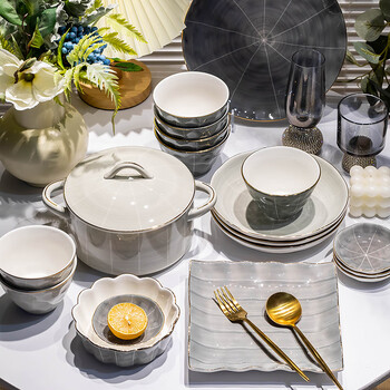 Four companion tableware set, nordic tableware set, light luxury bowl set, ceramic high-end gold-painted bowls, plates, chopsticks and tableware for 8 people, 36-piece double-ear soup pot, gift box