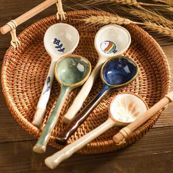 Kawashimaya japanese ceramic small spoon home drinking spoon creative and cute ins style long handle rough ceramic spoon spoon ceramic spoon - fresh and elegant 4 pieces