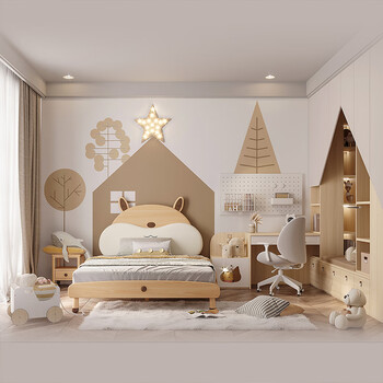 Lin's whole house customization, custom wardrobe, whole house wood customization, second child's room design renderings, wardrobe desk integrated child neutral overall bedroom decoration, wooden house series custom gold
