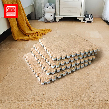 Fuju plush square patchwork carpet for living room and bedroom, soundproof, cool and non-slip, 30cm, 10 pieces, camel color