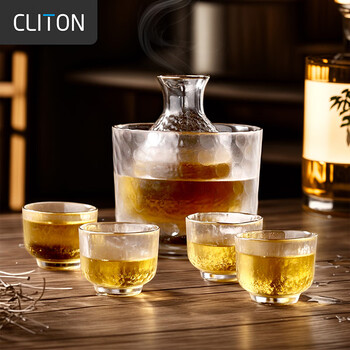 Cliton handmade gold-edged hammered japanese sake cup and pot set wine dispenser rice wine warmer gift box 6-piece set