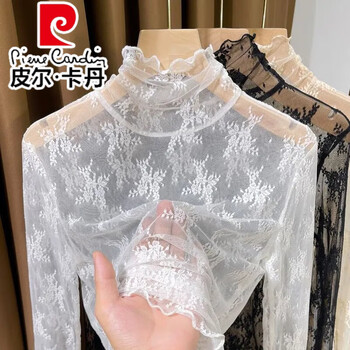 Pierre cardin white turtleneck lace inner top for women autumn and winter new style high-end western style small shirt with fungus edge mesh bottoming shirt white l 105-115 pounds