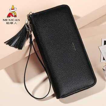 Scarecrow wallet women's 2024 new long first layer cowhide zipper simple large capacity genuine leather korean version multifunctional clutch black