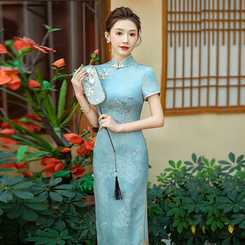 Gu wainian silk cheongsam long new improved silk jacquard cheongsam high-end temperament slim mulberry silk dress blue xl