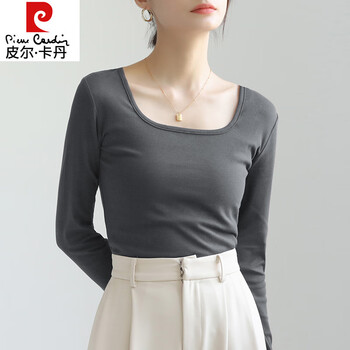 Pierre cardin square neck bottoming shirt for women 2025 new dark gray style big u neck collarbone right shoulder long sleeve t-shirt slim top dark gray s 80-100 jin