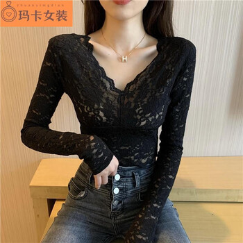 Njtd2024 spring and autumn new style lace bottoming shirt see-through mesh small shirt women design slim long sleeve pure lust style black lace m