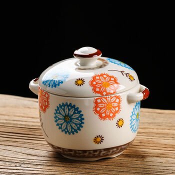 Stewing gongfang japanese-style underglaze ceramic water-proof bird's nest stew pot household bowl small stew pot soup cup steaming cup double ears with lid single lid auspicious flower small size 450ml