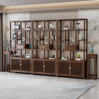 Xianding solid wood ancient bookshelf, new chinese style bookshelf, duobao pavilion storage rack, living room partition, antique tea room, tea display cabinet, three groups of middle draws + one pair of flower stands (southern elm) walnut color