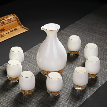 Ciluqi xinbian new ru porcelain hidden gold wine glass household white wine cup wine pot ceramic fenjiu ware crystal gold foil high-end one pot eight cups 10 pieces