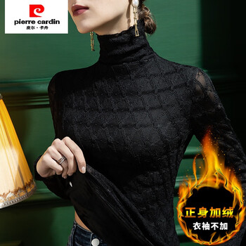 Pierre cardin 2024 autumn high collar lace bottoming shirt women's fungus slim fit women's t-shirt western style solid color hollow top black fitted velvet l
