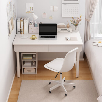 Ganmu solid wood computer desk desktop desk home with bookshelf table and chair combination study table simple bedroom dressing table table regular double drawing warm white 80cm thick steel frame single table