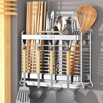 Benwang (bw) kitchen chopstick rack wall-mounted 304 stainless steel chopstick storage box chopstick cage chopstick holder artifact 304 stainless steel edged thickened-three-gate chopstick and spoon rack