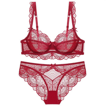 Solo kiss sexy lace large size big breast revealing small ultra-thin transparent bra women's underwear bra set wine red 85b standard xl panties, size adjustable