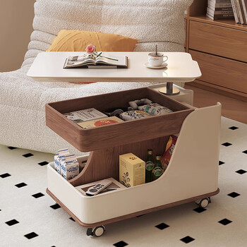 Haloden coffee table living room movable side table small apartment light luxury high-end sofa side cabinet rock plate lifting multi-functional tea table multi-functional cabinet 75*45*70 walnut color + white complete decoration