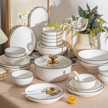 Shumang bowl and dish set, simple nordic bowls, cutlery, plates, chopsticks set, tableware set, complete bowl set, new year's day, 10 people, 49 pieces with soup bowl, gift box, 49 pieces