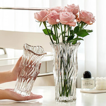 Jinmu glass vase simple flower arrangement water culture glass high-value handmade large-diameter vase living room bedroom decoration glacier vase transparent small size 1 pack about 23cm