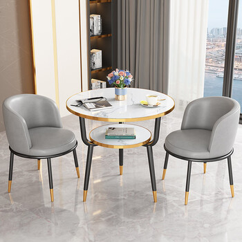 Yongcang balcony leisure table and chair, tea table and chair combination, negotiation table and chair, tea table, three-piece set, reception round table, 60cm, one table and two chairs, light gray leather