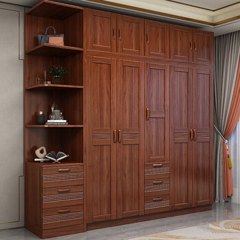 Millennium shengshi solid wood wardrobe golden wire walnut wardrobe bedroom cabinet modern chinese wardrobe corner storage cabinet bedroom furniture five doors + top cabinet standard model does not exclude center drawer