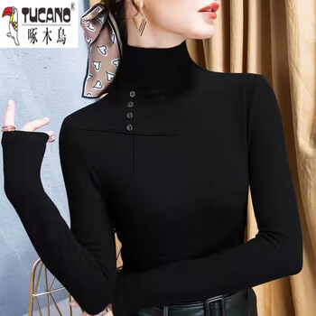 Woodpecker (tucano) 2025 autumn and winter new double-sided german velvet bottoming shirt women's turtleneck style small shirt thickened warm and versatile top a black m recommended 88-99 pounds