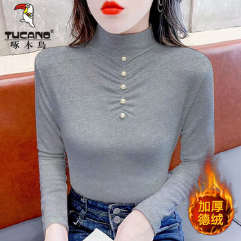 Woodpecker bottoming shirt for women, stylish and thickened, 2024 new style, half-high collar, long-sleeved, autumn and winter elastic warm gray top, floral gray, good quality l, recommended 95-110 catties