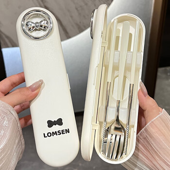 Bsd portable tableware three-piece set household 304 stainless steel chopsticks and spoons storage box for children and students portable chopsticks, forks and spoons (milk silver)