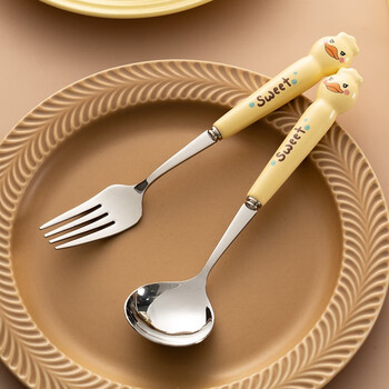 Durable cartoon rice spoon 304 stainless steel fork spoon children's eating spoon eating fruit fork cute eating watermelon spoon yellow duck fork spoon set