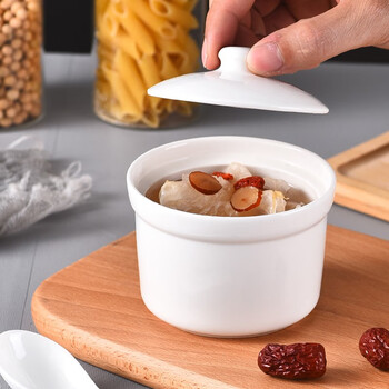 Muzhi ceramic water-proof stew pot pure white hotel commercial stew pot chinese shaxian soup pot with lid steamed egg pot 4.5 inches simple style 400ml (with spoon)