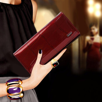 Sephoron cowhide large capacity folding long wallet for women 2026 fashion new bright leather wallet small handbag to hold mobile phone wallet burgundy