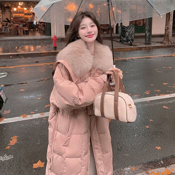 Yujin winter girls' down jacket large fur collar duck down new long white pink korean style 2024 jacket design thickened pink upgraded thickened version s