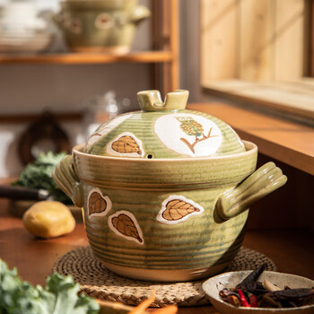 Wando-yaki earthenware pot with double lid, hand-painted ceramic japanese casserole, household soup pot, stew pot, open fire porridge pot, futiao no. 1 pot (suitable for 1-2 people) 2l