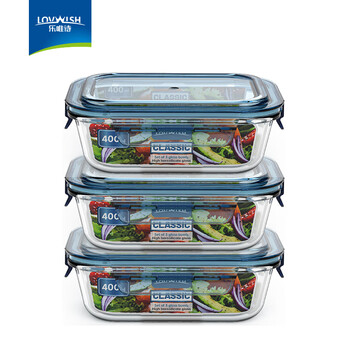 Leweishi high boron glass lunch box, microwaveable lunch box, lunch box, refrigerator lunch box, lexian integrated lid, 400ml*3, small size combination