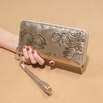 Sephoron gold lucky wallet women's fashionable 2026 new genuine leather long zipper handbag large capacity mobile phone handbag gold